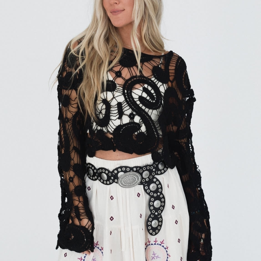 Three Bird Nest Black Crocheted Long-Sleeve Crop Top
